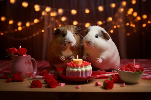 Two guinea pigs sharing a Valentine's treat