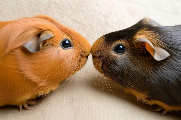 Two guinea pigs sniffing each other on neutral backdrop