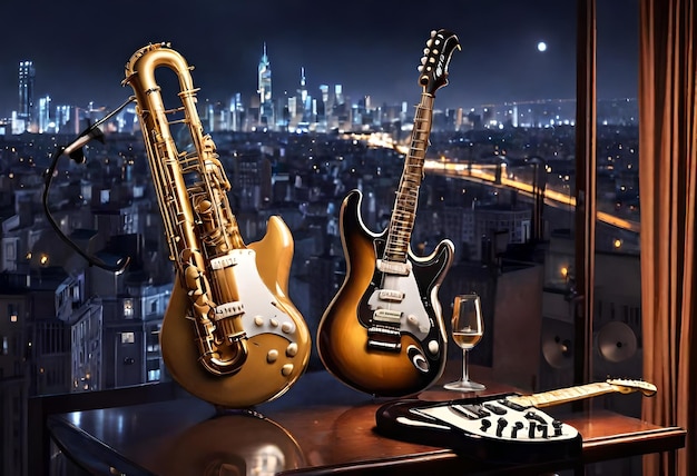 two guitars and a guitar are on a window sill