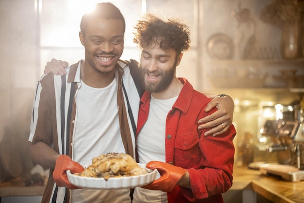 Two guys with cooked meal together on kitchen