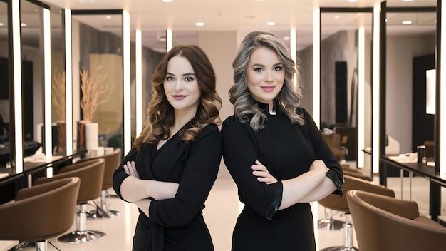 Two hairstylers posing standing in modern spacy beaty salon