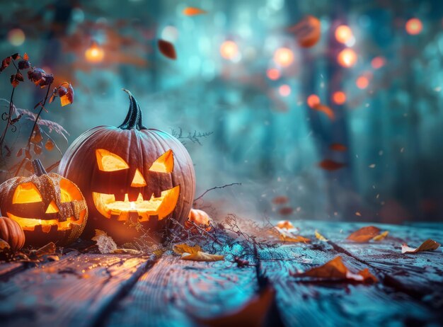 Two Halloween pumpkins with scary faces carved in a spooky forest at night