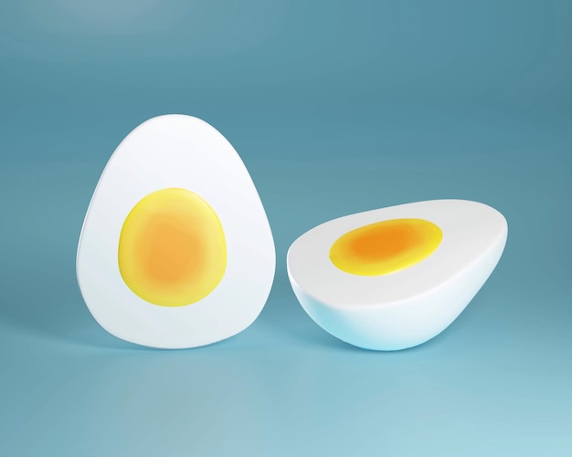 Two halves of boiled eggs isolated on a blue background 3d render