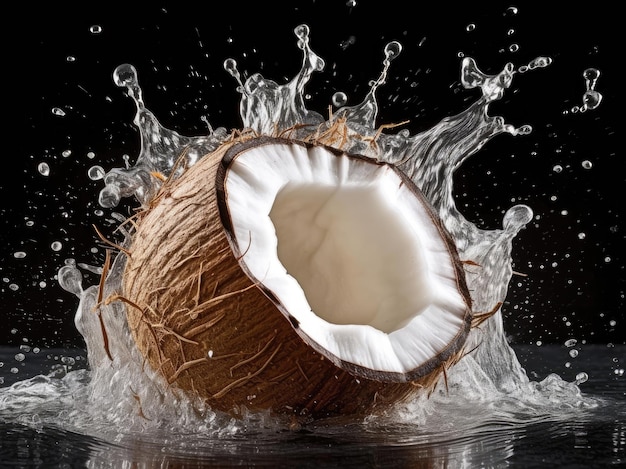 Premium AI Image | Two halves of coconut with water splash black background