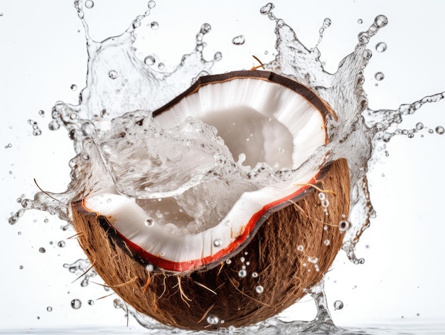 Две половинки кокоса с брызгами воды на белом фоне