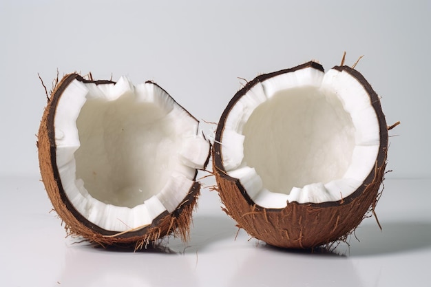 Two halves of a cracked open coconut on a white surface