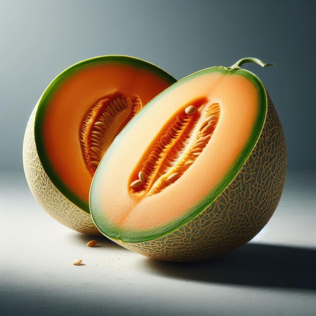 two halves of a melon with the inside of it