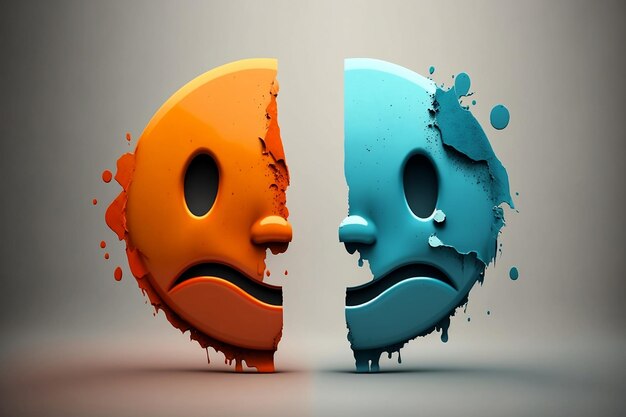 Photo two halves of a sad face in orange and blue colors