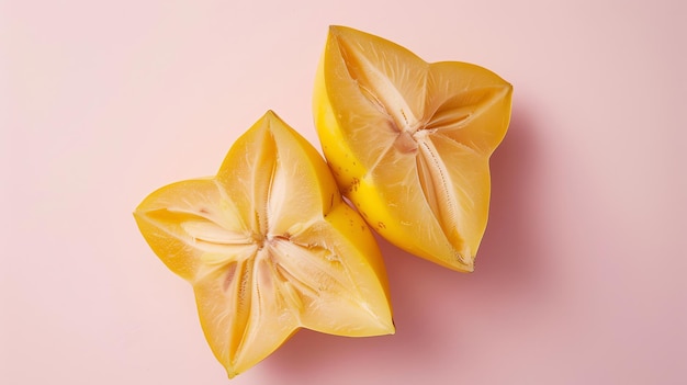 Photo two halves of a star fruit on a pink background the fruit is yellow and has a starshaped crosssection