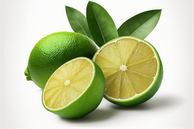 Two halves and whole green lime on white background