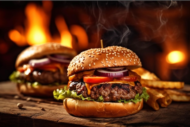 Two hamburgers in front of a fireplace Close up
