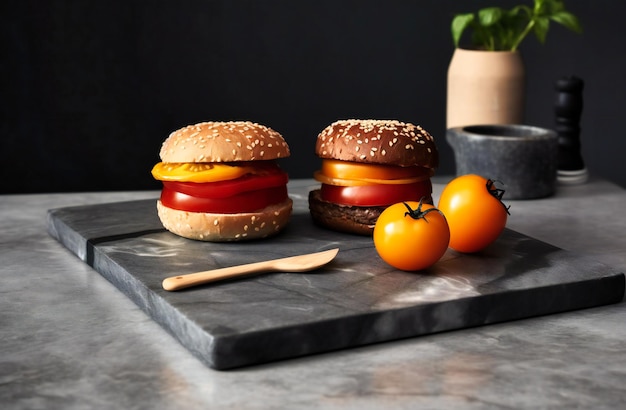 two hamburgers and tomatoes on a board