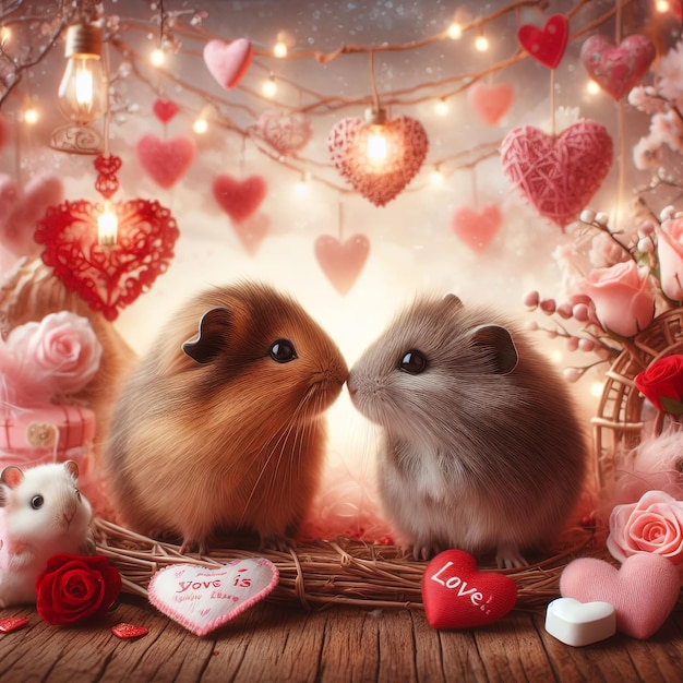 two hamsters are sitting in a basket with hearts and the words hamster