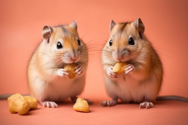 Two hamsters eating food on a pink background