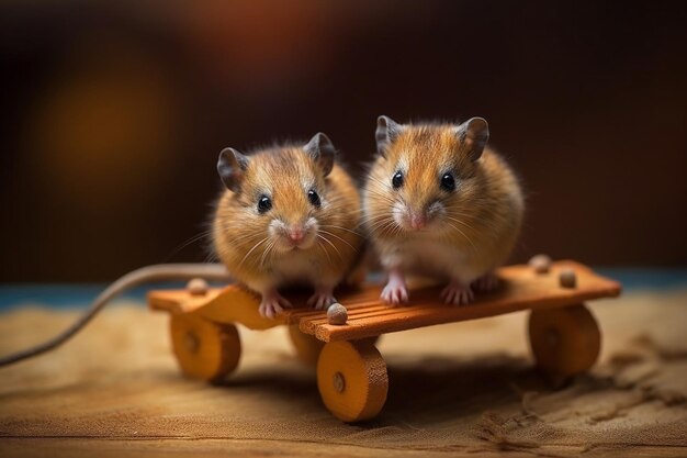 Photo two hamsters on a wooden cart