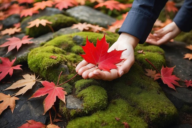 two hand of a Asian girl holding carefully a red maple leaf over the moss background and the autumn leaves on the floor Autumn season in enkoji temple kyoto japan