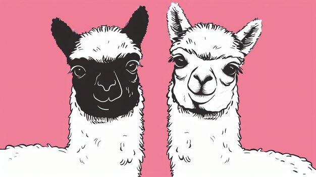 Photo two hand drawn llamas in black and white on a pink background the llamas are both facing the viewer and have detailed fur