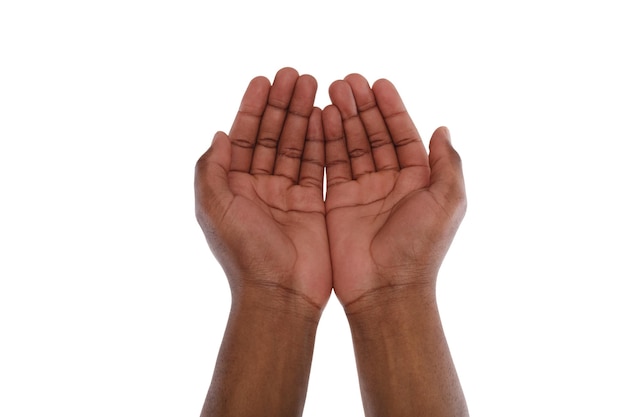 Two hand holding or offering something, isolated on white background. Open black male palms, handful gesture