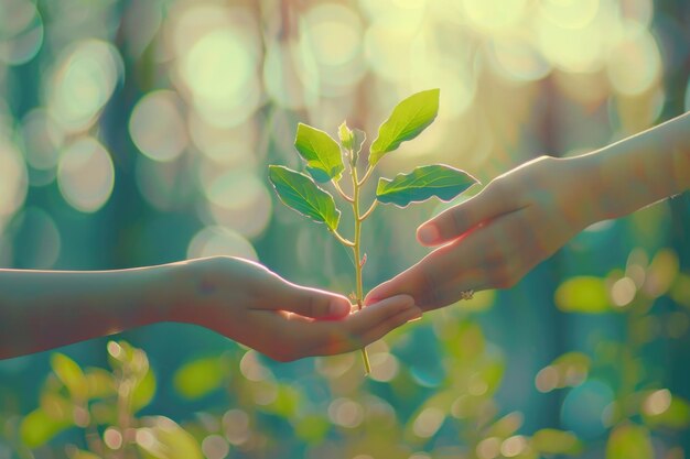 写真 抽象的なパステル色の森のぼんやりした背景で若い植物を握る2人の手