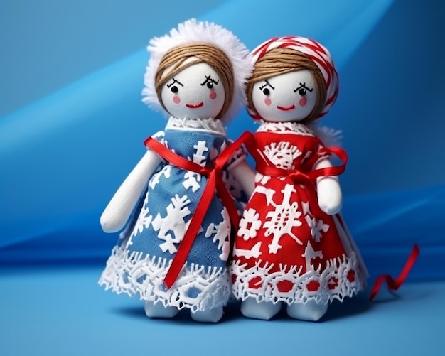 Two handmade dolls on a blue background top view