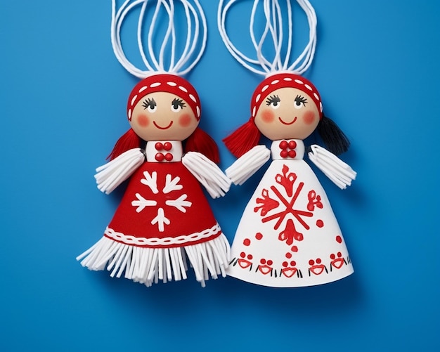 Two handmade dolls on a blue background top view