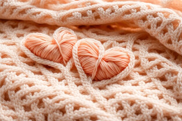 Two handmade knitted hearts in soft peach color Valentines day cardRomantic sign Generative AI