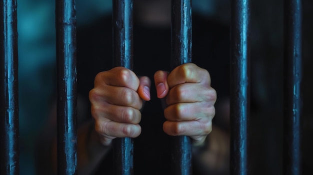 two hands are gripping tightly on iron bars suggesting imprisonment or a longing for freedom