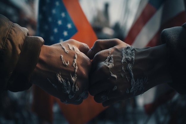 アメリカの国旗を背景に両手が拳を握っている。