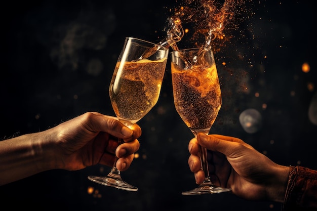 Two hands are toasting with champagne glasses, one of which is a fireball.