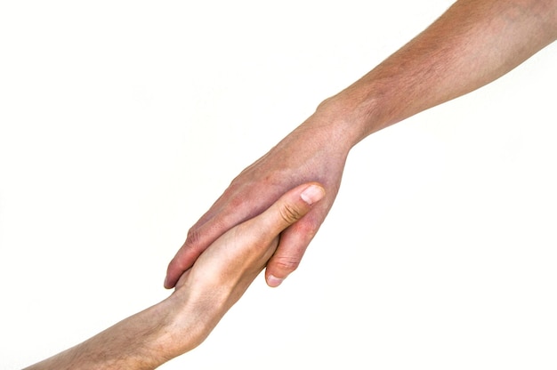 Two hands arm wrestling on a white background