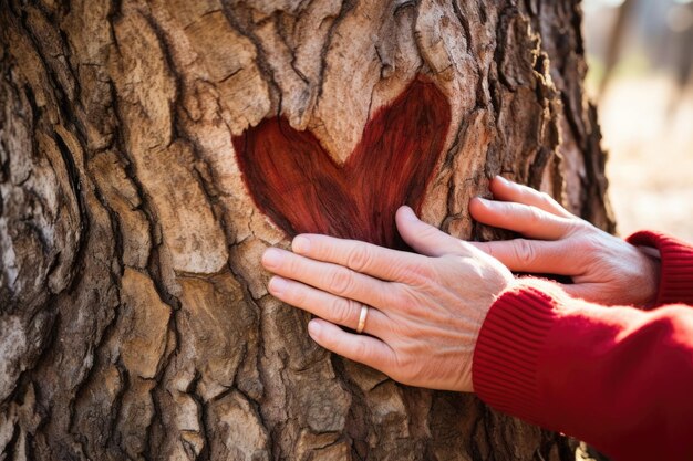 Фото Две руки вырезают форму сердца в кору дерева