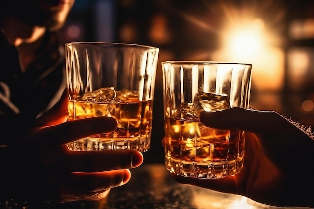 Две руки чокаются стаканами виски виски на диване в уютном баре, питьевое меню