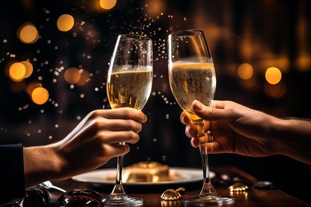 Two hands clinking champagne glasses to celebrate the new year