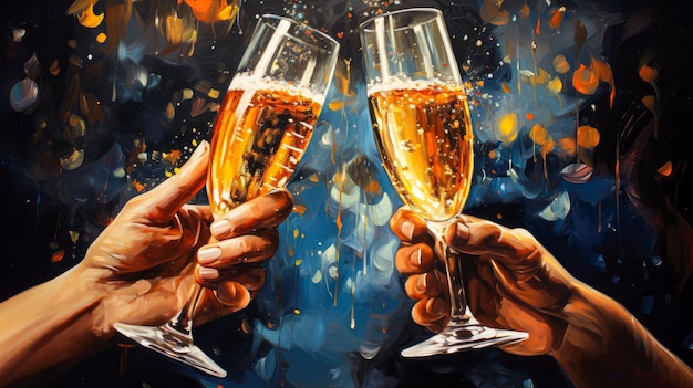 Two hands clinking glasses of champagne Colorful painting on canvas