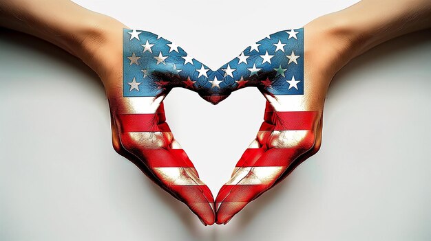 Foto due mani che formano la forma di un cuore con il disegno della bandiera americana