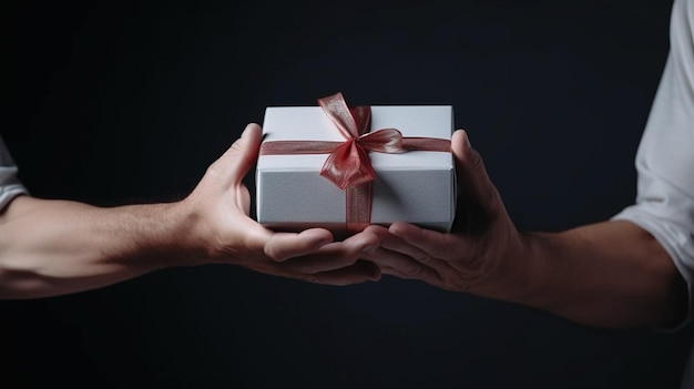 Two hands giving a white gift box with a red ribbon.