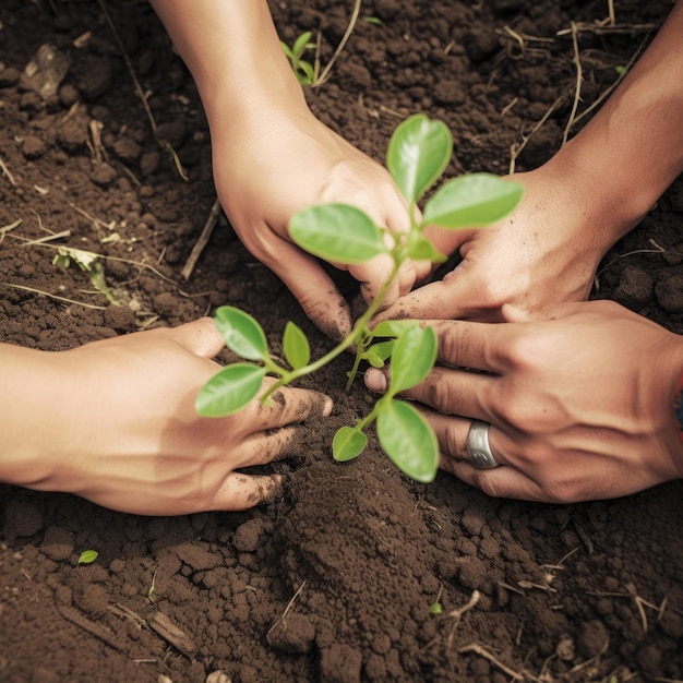 Foto due mani per aiutare a piantare alberi e piantine con amore e fede