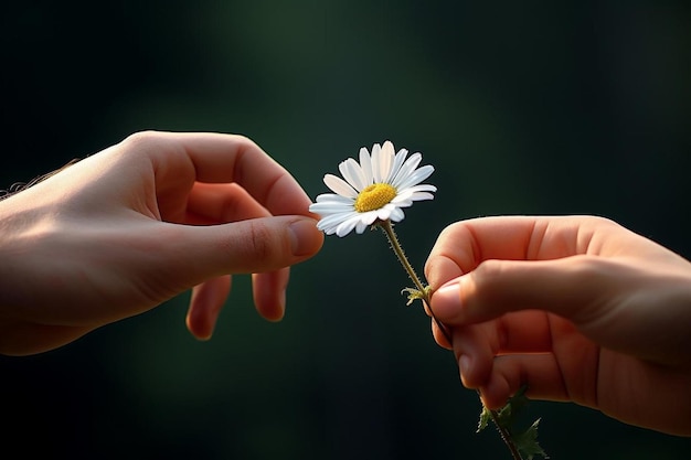 two hands hold a flower on a green background.