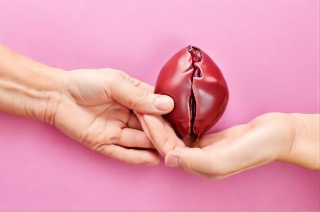 two hands hold a heart shaped item over a pink background