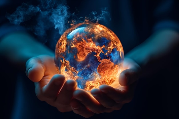 Two hands hold a model of a burning globe in their hands AI generated