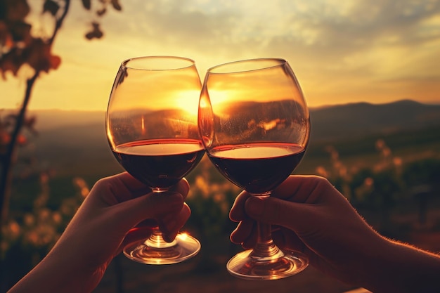 Two hands hold wine glasses against sunset background Couple drinks wine outdoors Man and woman are having romantic dinner