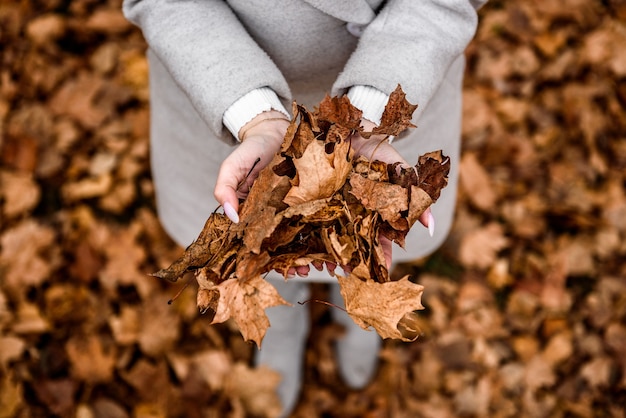 紅葉を握る両手。