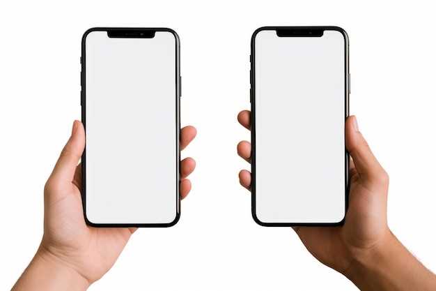 Two hands holding black and white iphone with blank screen Generative AI