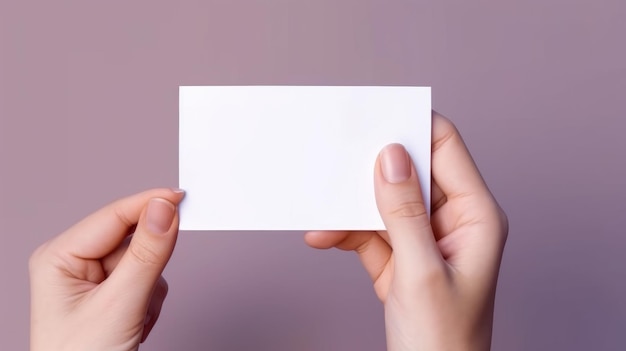 Two hands holding a blank white card against a vibrant background Generative ai