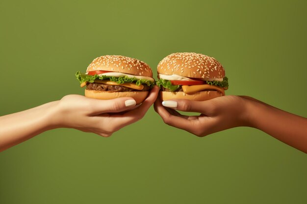 Две руки стильно держат гамбургеры Генеративный искусственный интеллект