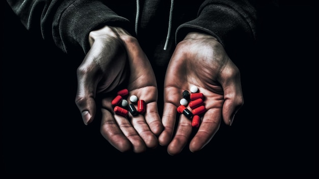 Two hands holding different pills, one of which is black and the other is black