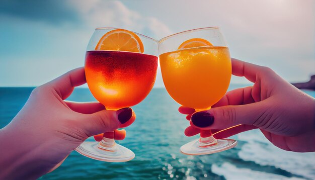 Photo two hands holding drinks over the sea professional p