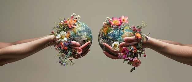 Two hands holding the Earth with flowers growing from the hands