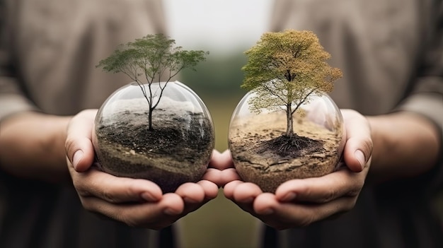 Две руки держат стеклянный шар с деревьями внутри.