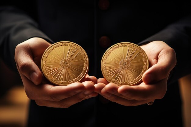 Two hands holding golden coin